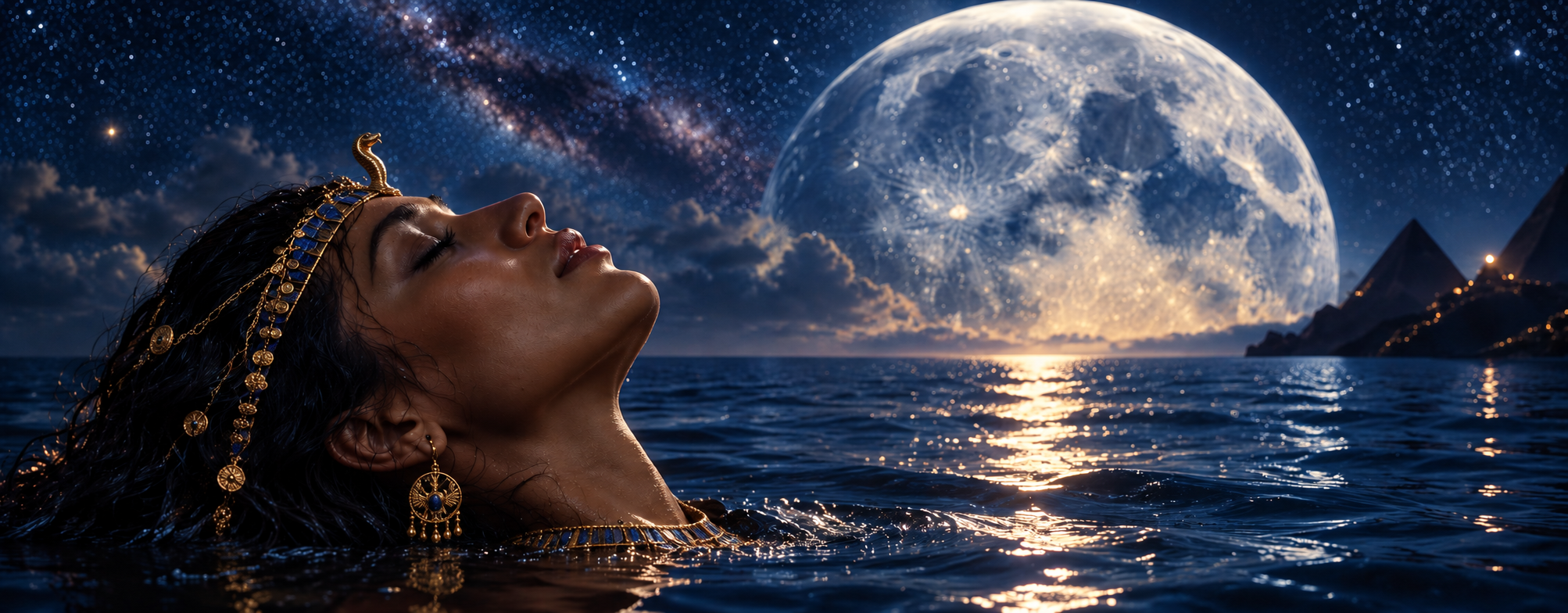 Cleopatra Leia floating in moonlit water beneath a luminous full moon for Across the Ether